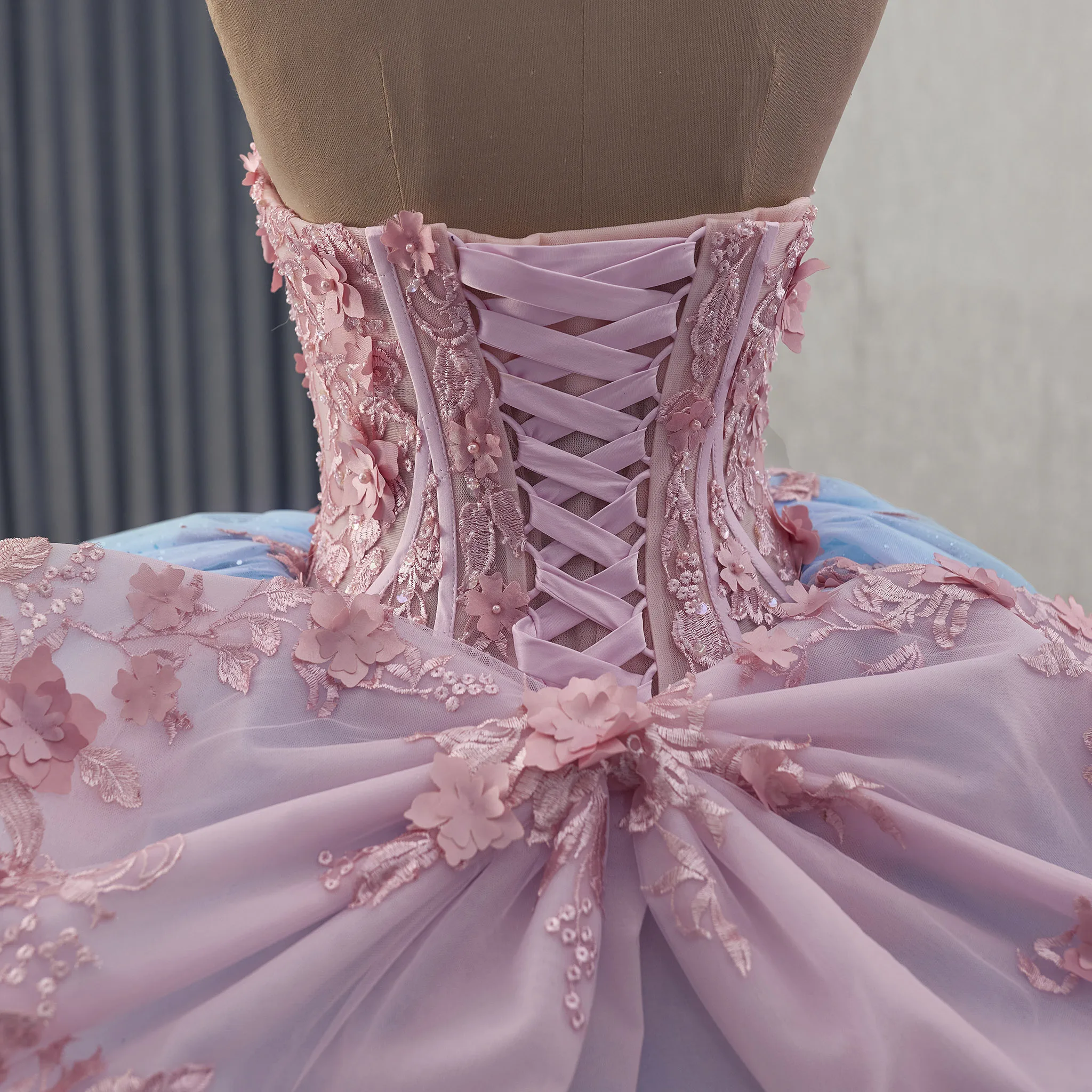 فستان Quinceanera أنيق باللون الأزرق المخضر والوردي من Rosymae مع تصميم قابل للفصل وأكمام طويلة مكشوفة الكتف لؤلؤ مطرز للاستخدام الرسمي #5