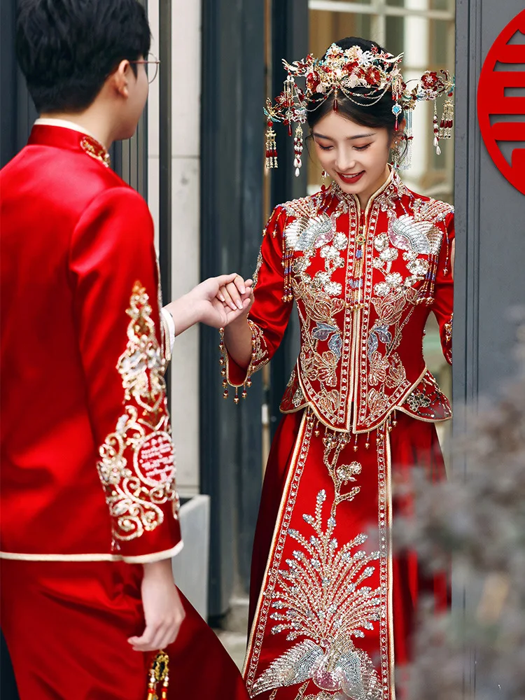 Yourqipao Chinese Women Traditional Xiuhe Suit Wedding Dresses Bride Dragon and Phoenix Gown Top And Skirt Wedding Toast Sets