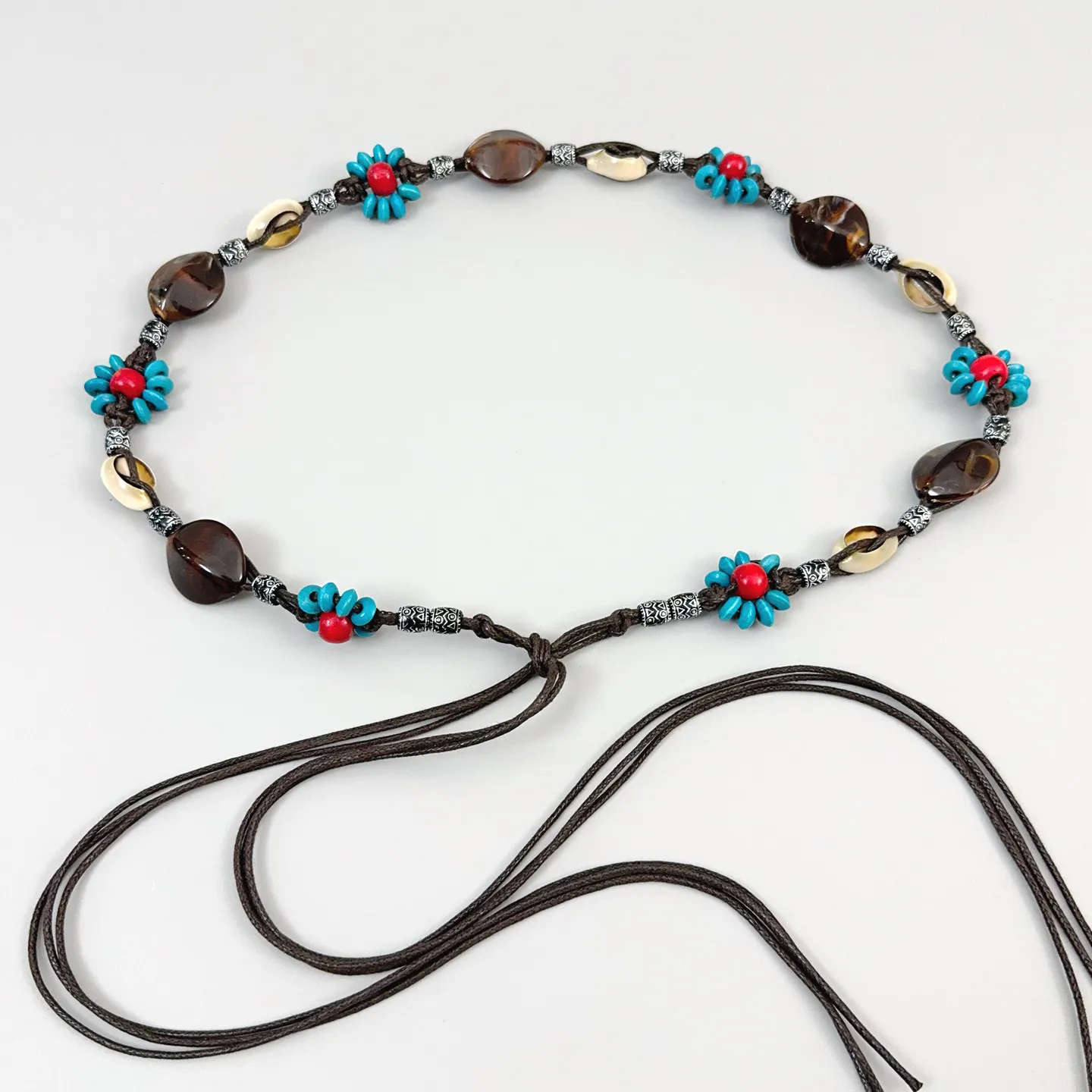 Bohemian Handmade Woven Beaded Rope Waist Belt For Women Brown Ethnic Shell Flower Decor Beach Holiday Casual Dress Accessories