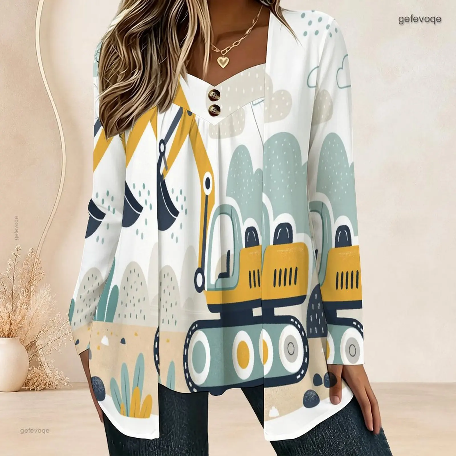 Chemisier à manches longues pour femmes, effet deux pièces, cardigan ouvert avec haut cami, col en V, détails boutonnés, devant plissé, tunique ample et surdimensionnée.