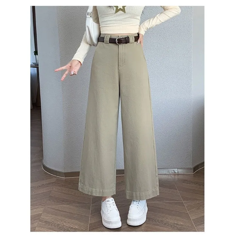 Solid Color Button Zipper High Waist Pocket Nine-point Wide Leg Pants Women's Casual Loose Straight Pants Trousers