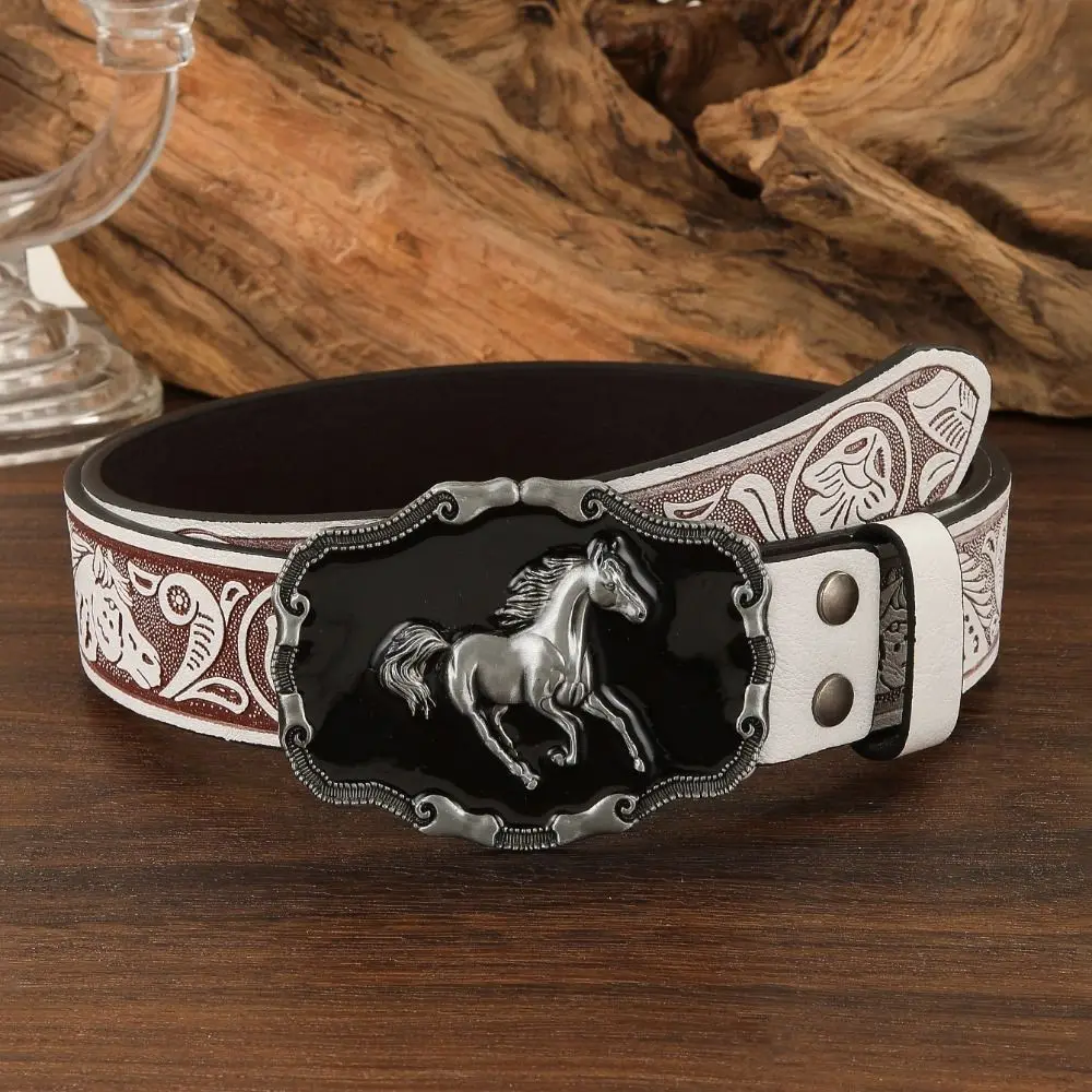 Vintage Running Horse Buckle Western Cowboy Belt Luxury Design Trendy Brand Floral Embossed Belt Cowboy Waist Belt For Men Woman