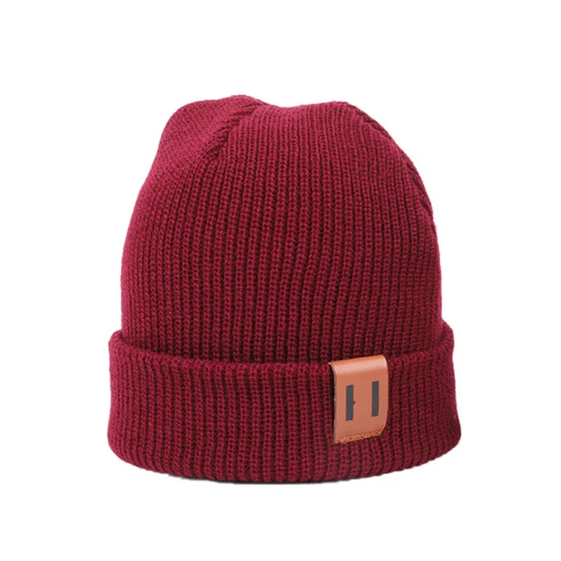 New autumn winter adult thick beanie knitted cap outdoor warm skullies capkids cute Leather label solid hat fashion 8 colors