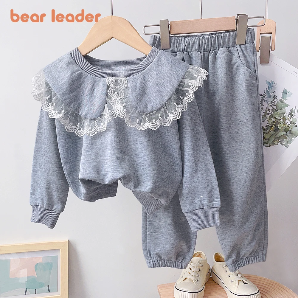 Bear Leader Girls Autumn Sports Suit 2023 Childrens Korean Version Lapel Lace Sweatshirt Two-piece 1-7 Years Old Girls Clothing