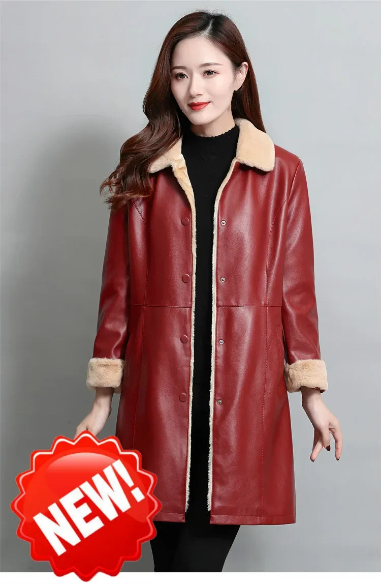 Ladies Winter Coats Womens Faux Leather Long Fluffy Velvet Thick Oversized Pu Leather Jacket Red Plush Coat Female Overcoat 6xl