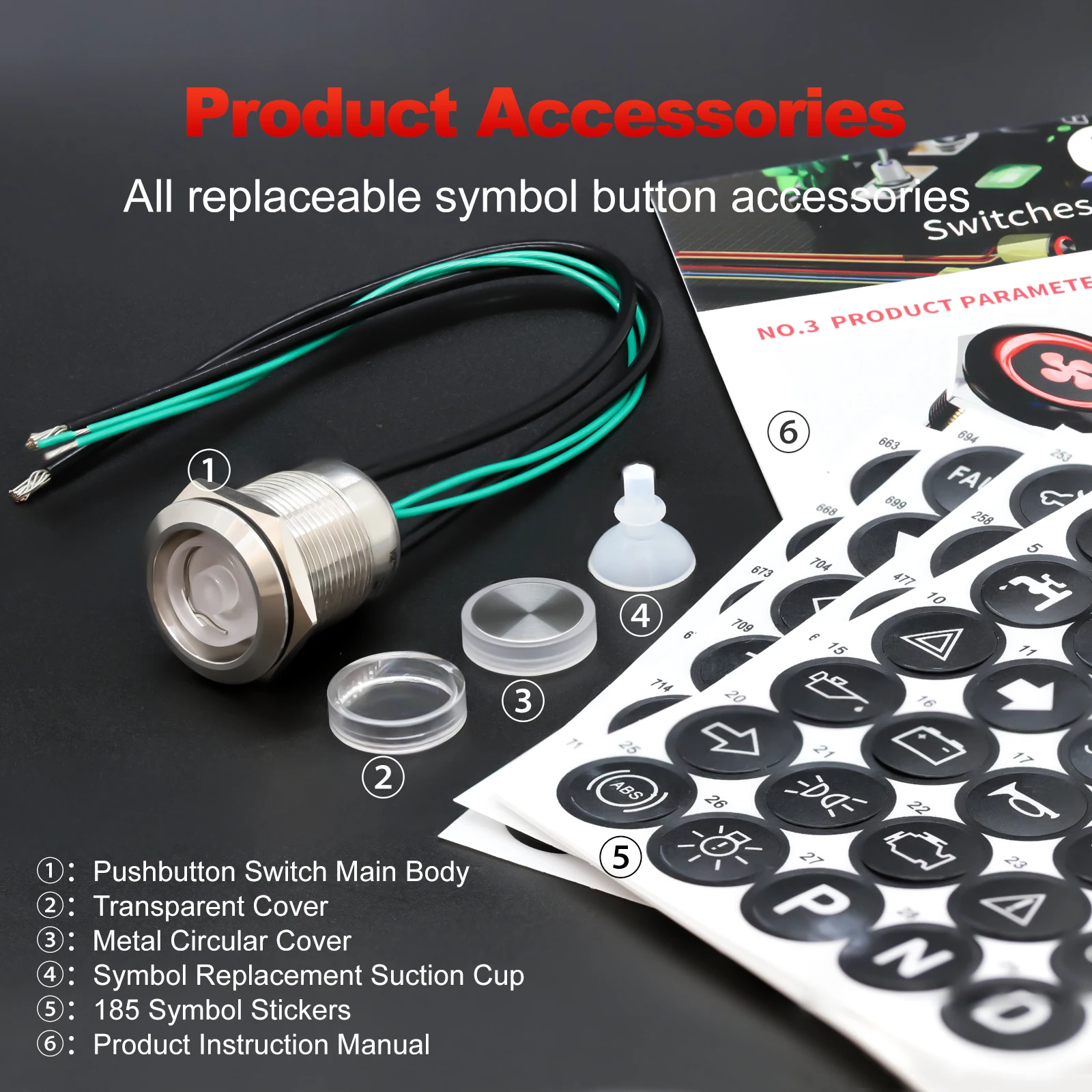 FILN 2 Stück 19mm Drucktastenschalter 20A IP67 Edelstahl Wasserdicht Ersatz für 180 Symbole Einfache Installation Auto-Armaturenbrett & Maschinen – Detail 4