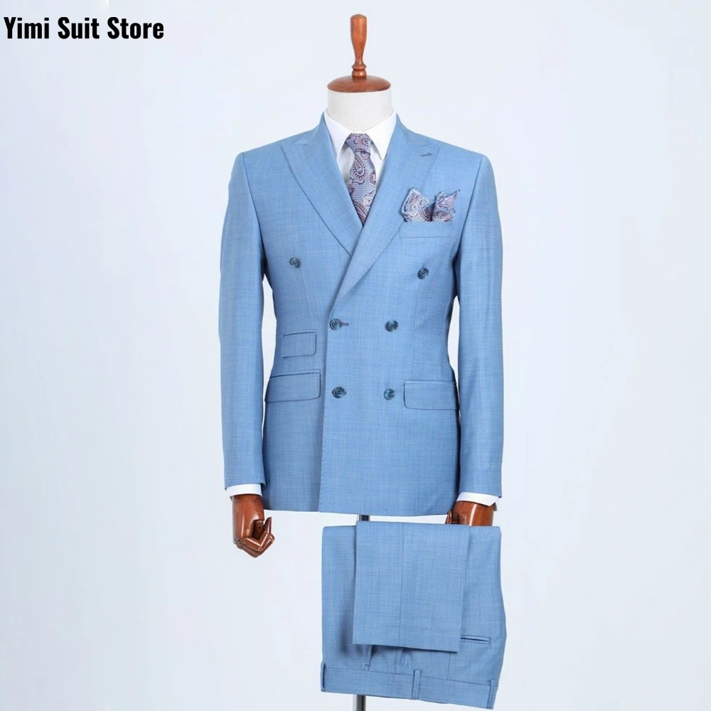 

YiMinpwp Sky Blue Men's Suit for Prom Men 2 Pieces Double Breasted Blazer Vest Pants Luxury Formal Party Groom Tuxedo XS-5XL