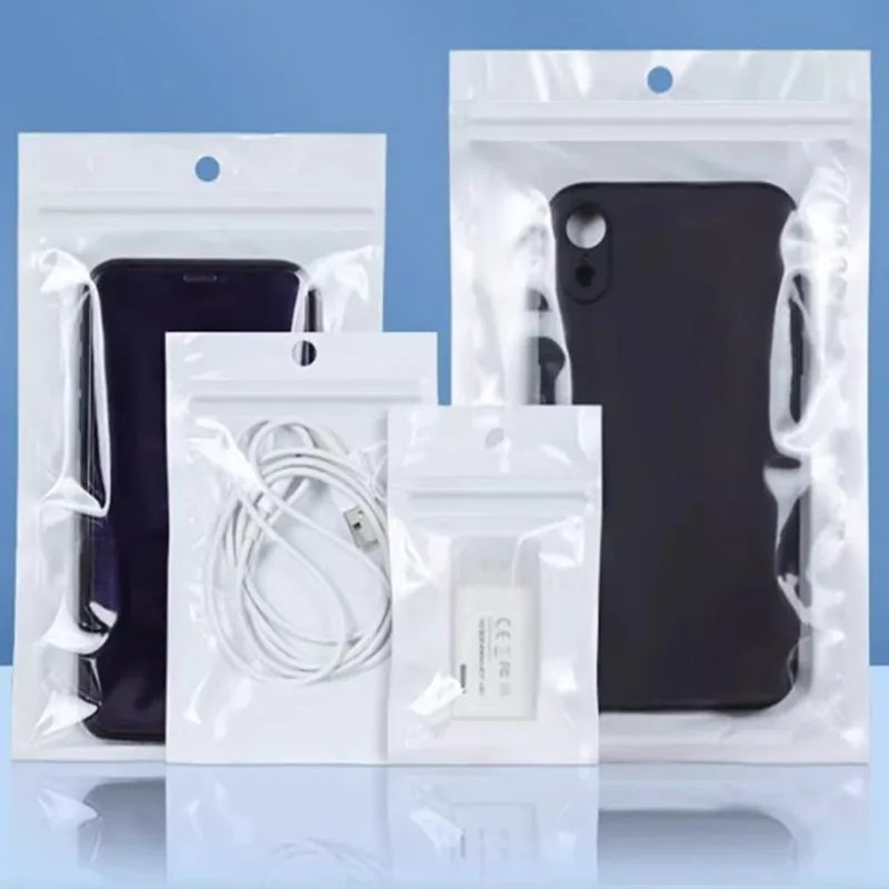 100 Stück weiße/klare selbstklebende Reißverschlusstaschen, Kunststoff-Einzelhandelsverpackungspackung, Polybeutel, wiederverschließbare Druckverschluss-Aufbewahrungstasche