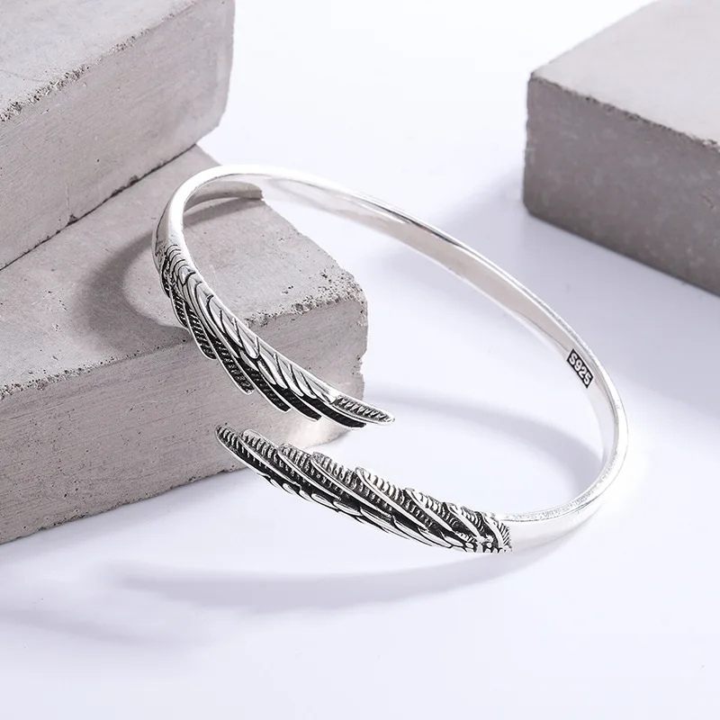 Retro Thai Silver Feather Simple Fashionable 925 Sterling Silver Personalized Design Wings Ins Trendy Opening Bracelets  SL102