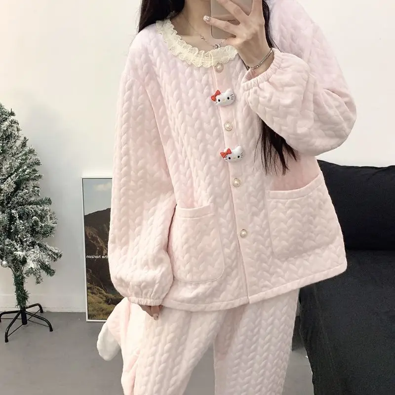 

Princess Style Hellokitty Pajamas for Girls Autumn Winter Air Cotton Sandwich Long-sleeved Soft Cartoon Cute Home Clothes Set