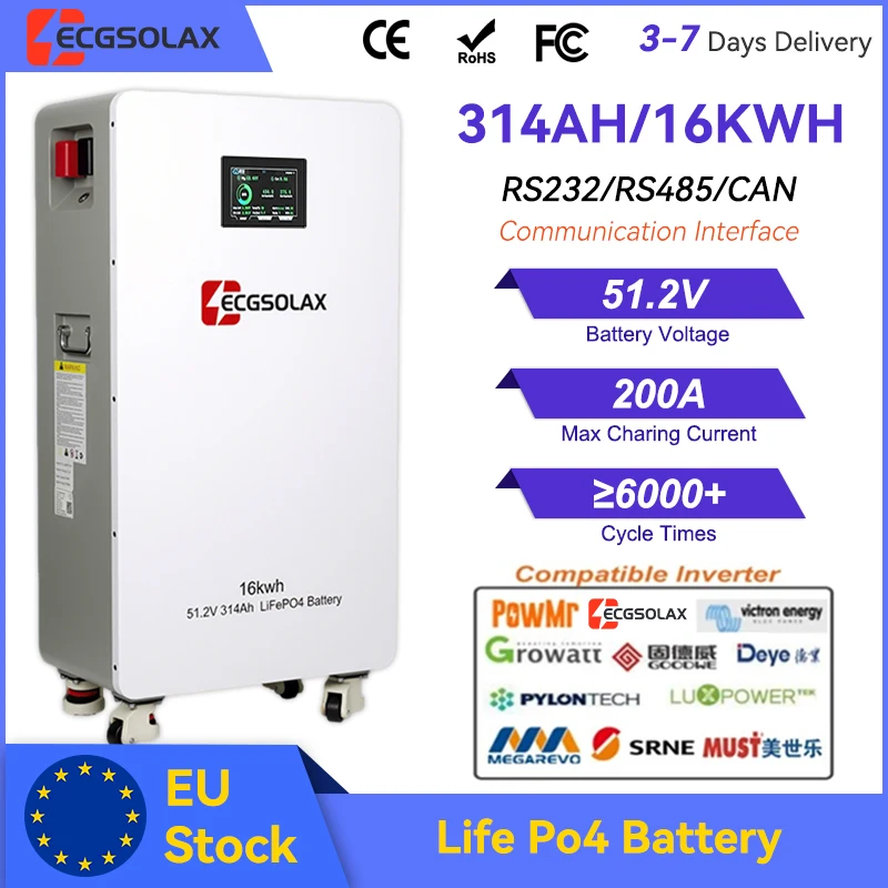 Batterie ECGSOLAX LiFePO4 16 kWh 314 Ah, batterie lithium 314 Ah, 6000 cycles, 48 V, batterie de stockage d'énergie solaire, STOCK UE, sans taxes