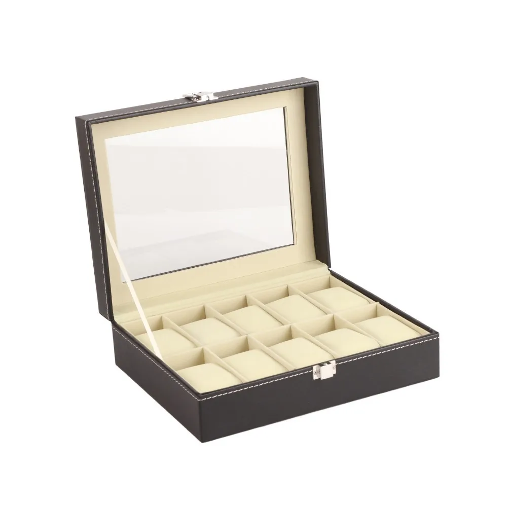 Easy Clean 10 Slots Watch Storage Box Black PU Leather Watch Display Case Faux Leather Dustproof Storage Case Daily Use
