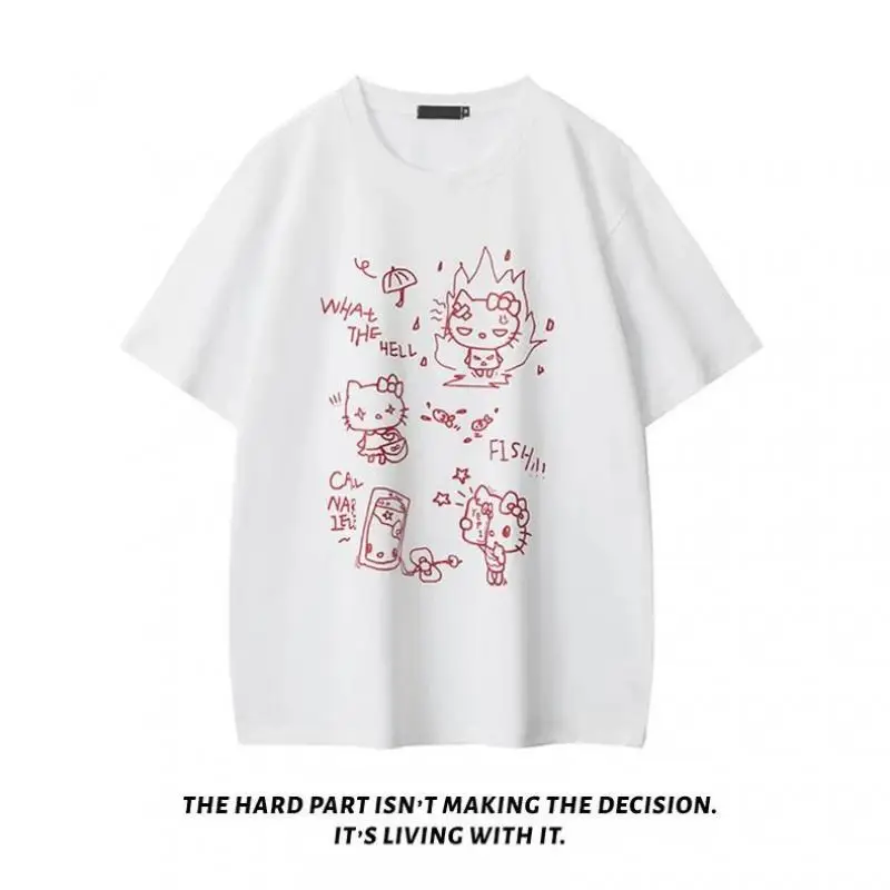Sanriohello Kitty Cute Kt Cat Print Short-Sleeved T-Shirt for Women In Summer New Sweet Cool Loose Lazy Style T-Shirt Top Ins