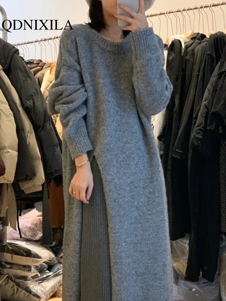 Womens Dresses Knitted Dress Autumn Winter 2024 New Female Clothing Solid Color Long Sleeve Round Neck Split Long Sweater Skirt