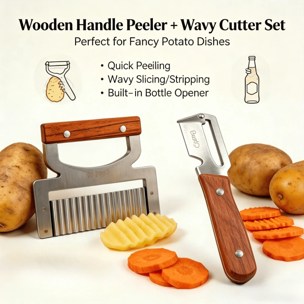 Wooden Handle Peeler and Wavy Cutter Set 1,2PCS Can be sold separately Multi-Function Peeler Tooth Potato Knife Potato Chip Cutt