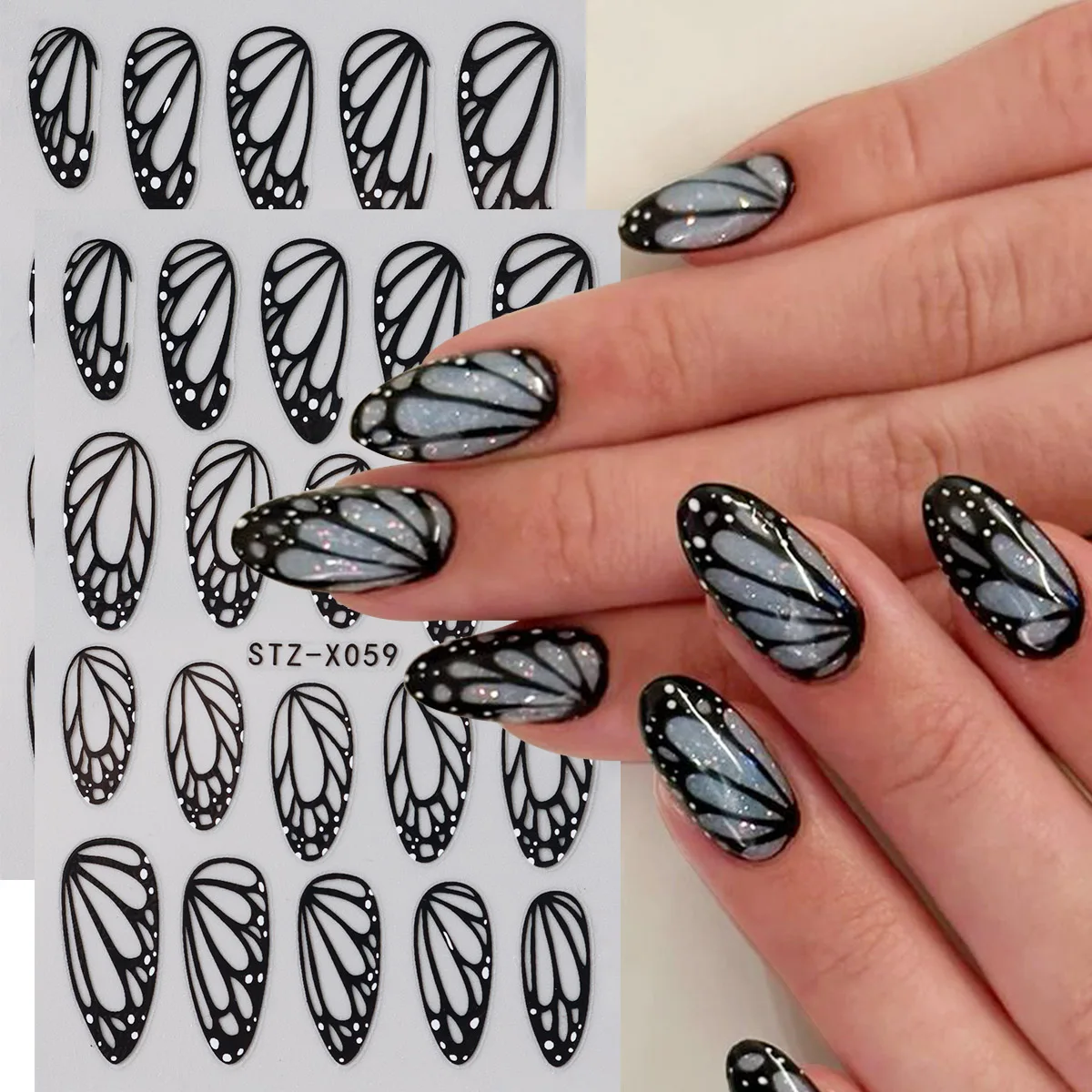 Atemberaubende schwarze Schmetterlingsflügel-Nagelaufkleber, elegante, bezaubernde Flügel-Nageldesigns, selbstklebende Folienaufkleber, DIY Frühling Sommer