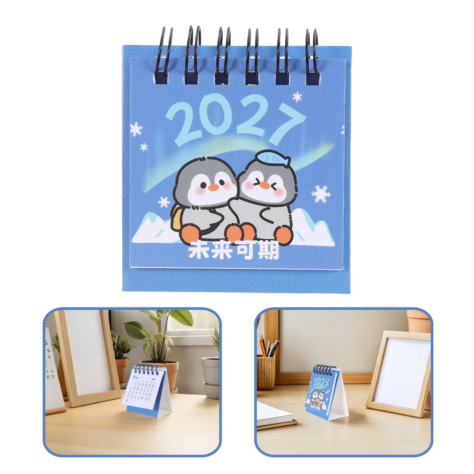 Adorable Penguin Mini Desk Calendar 2027 Flip Desktop Planner Metal Ring Binding Monthly Planning Organizer School Office