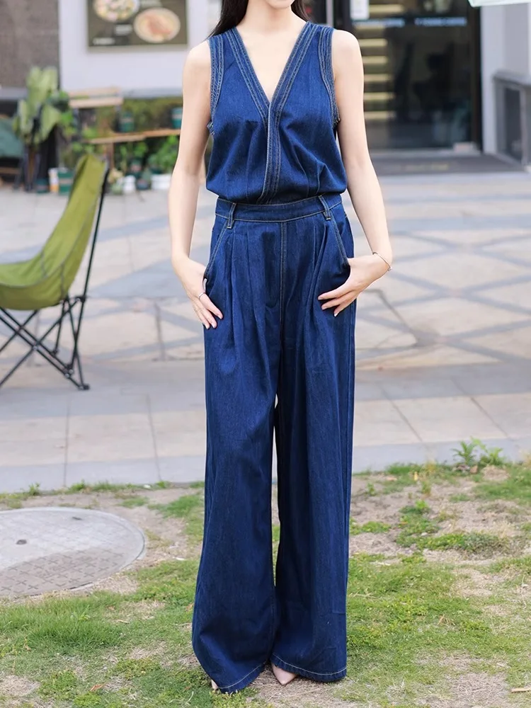 European Retro Workwear Denim Jumpsuit Women'S Summer New Design Sense Loose Casual Jumpsuit Wide Leg Pants