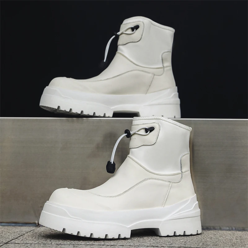 Men Classic High Top Boots with Elastic Band  Drawstring Design Non Slip Splicing Suitable for Outdoor Fashionable Boots