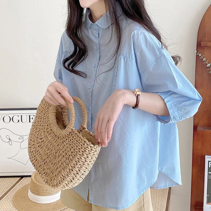 Summer New POLO Collar Solid Color Shirt Women High Street Casual Loose Button Three Quarter Cardigan Elegant Pure Cotton Tops