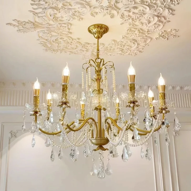 American Retro Gold Luxurious Brass Crystal Chandelier Villa Living Dining Bedroom Room Candle Lights Lustre Decor Pendant Lamps