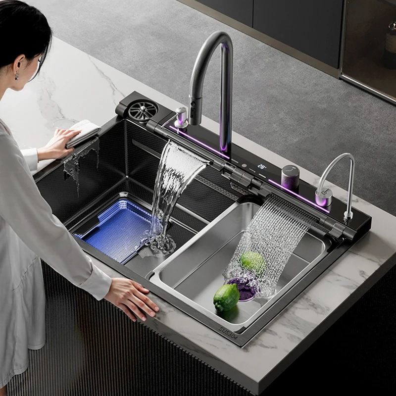 Modern Square Stainless Steel Handmade Single Kitchen Sink Hidden Black Dishwasher Smart Waterfall Five-Hole