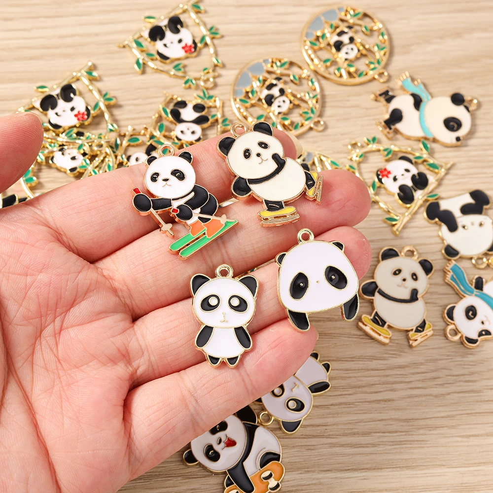 10 Stück gemischte Cartoon-Tieranhänger aus Emaille, Panda-Bambus-Anhänger für die Herstellung von Ohrringen, Halsketten, DIY-Bastelarbeiten, Schmuckzubehör – Detail 2
