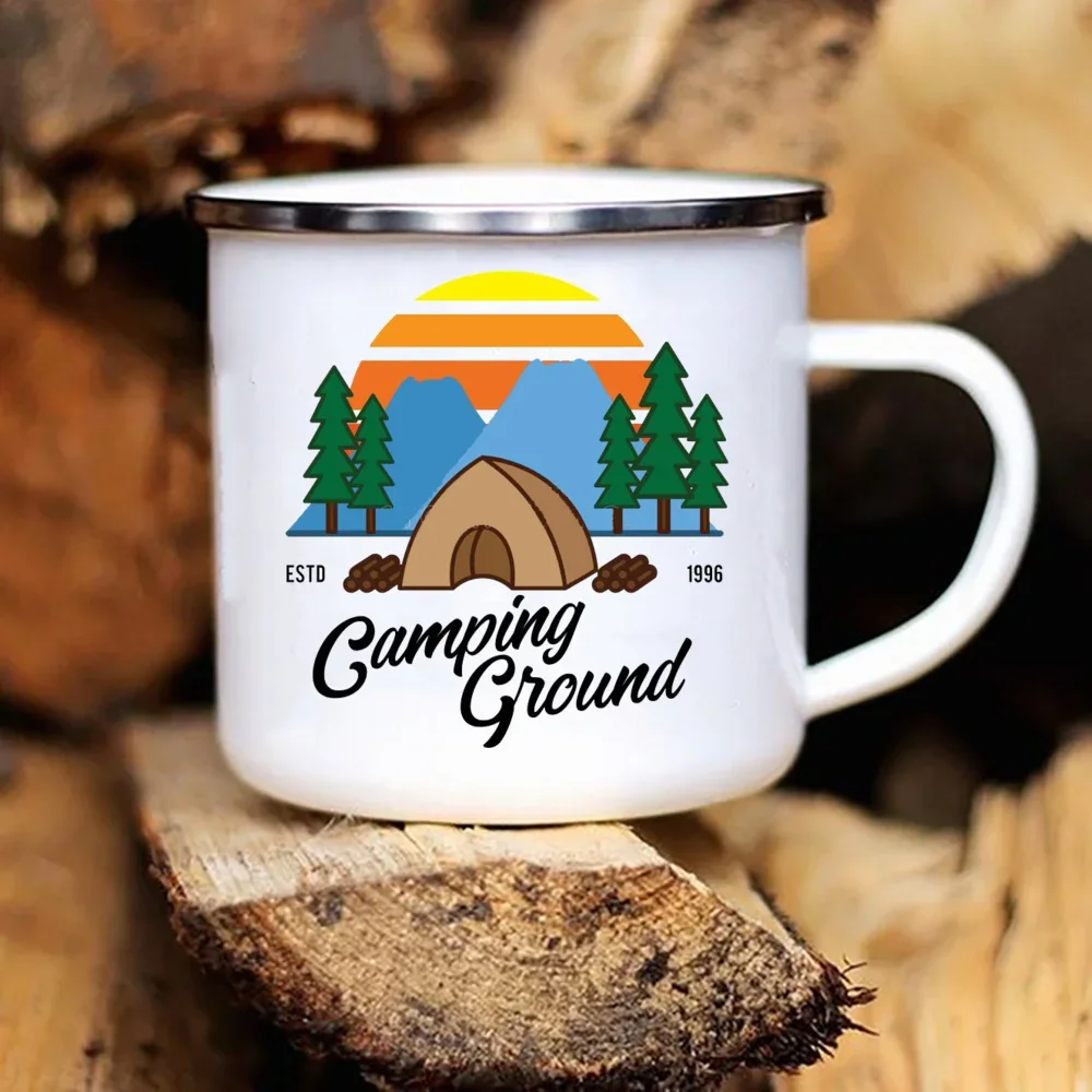Caravan Printed Camper Mugs Camping Enamel Mug  Adventure  Campfire Party Beer Juice Cup Mountain Handle Cups Gifts for Camper