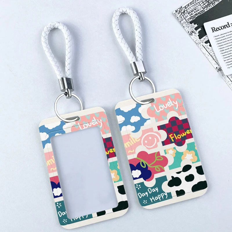 Green Leaf White Cloud Puzzle Student ID Card Holder Bank Identity Bus ID Card Sleeve Case Girls Door Card Case with Lanyard