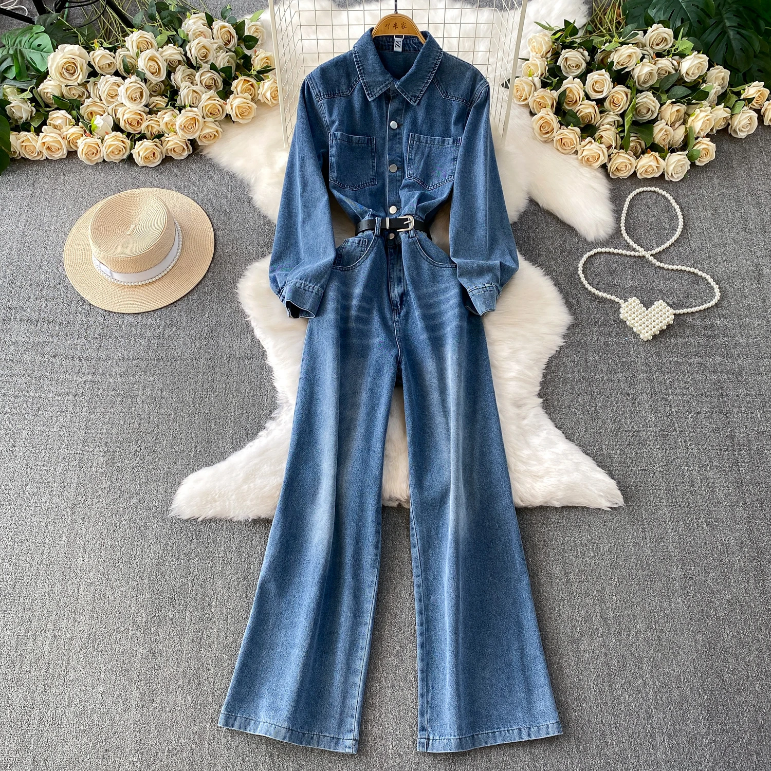

American Retro Women Denim Jumpsuit Lapel with Belt Blue Overalls Spring Autumn Fashion High Street Single Breasted Washed Jeans