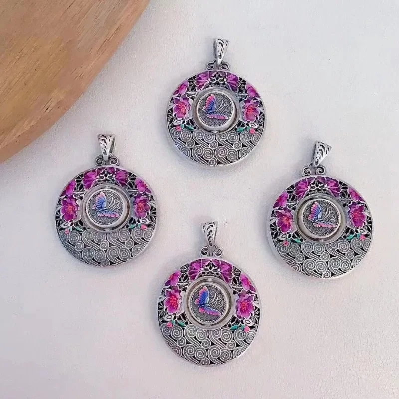 925 Silver Archaic Rhyme Pink Purple Flower Butterfly Pendant Enamel Round Necklace for Women Chinese Style Accessories Jewelry
