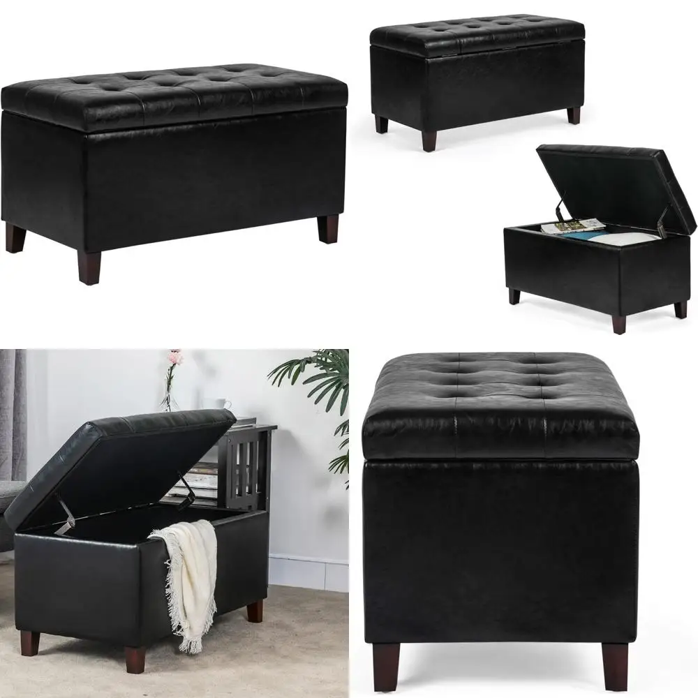 

Faux Leather Storage Ottoman Bench with Wooden Legs, Upholstered End of Bed Furniture for Entryway and Bedroom Use