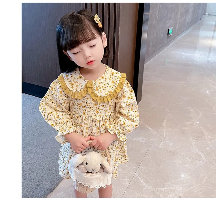 فساتين كاجوال للفتيات فستان ذو طية صدر السترة باللون الأصفر للفتيات من عمر 2 إلى 7 سنوات فستان لطيف للأطفال الصغار فستان فتاة الزهور والزي الكاجوال