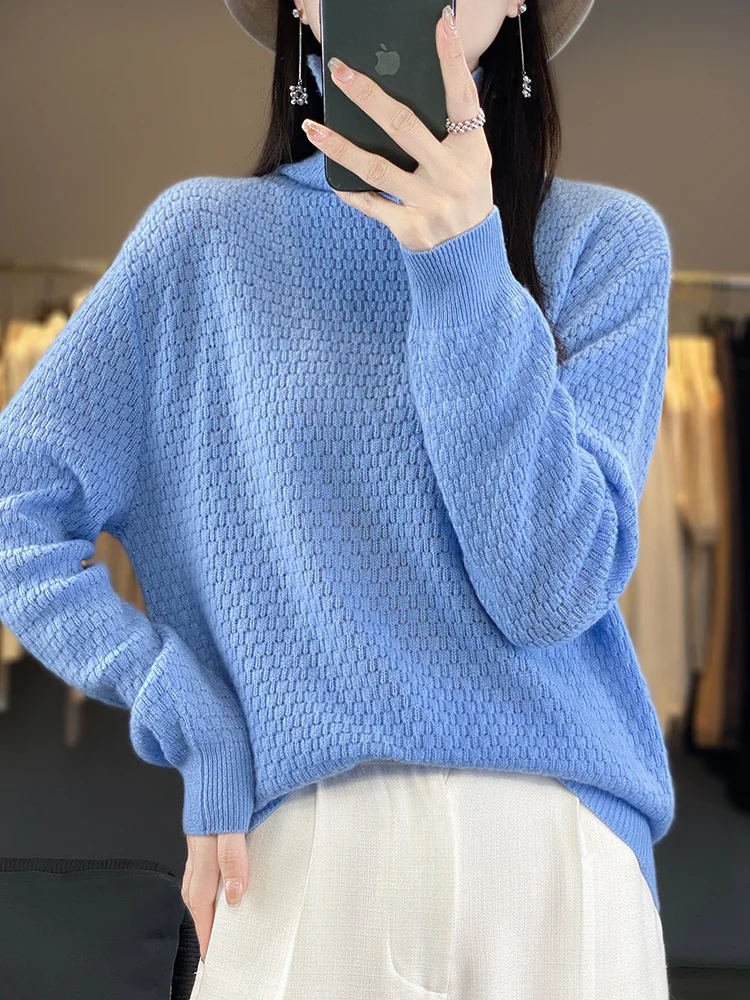 Autumn and Winter 100% Merino Wool Sweater Turtleneck Pullover Honeycomb Knit Sweater Loose Fit Top Fashionable Pullover
