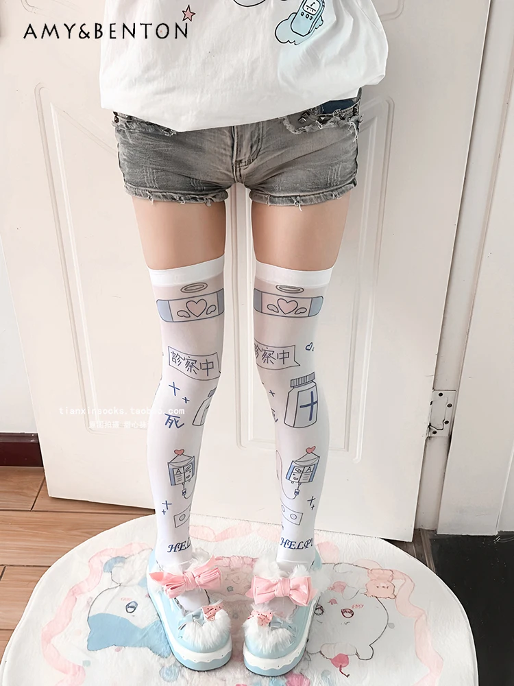 Summer New Cute Two-dimensional Animation Printed Stockings Japanese Water Color Knee Stockings Lolita Long Sock Kawaii Girl