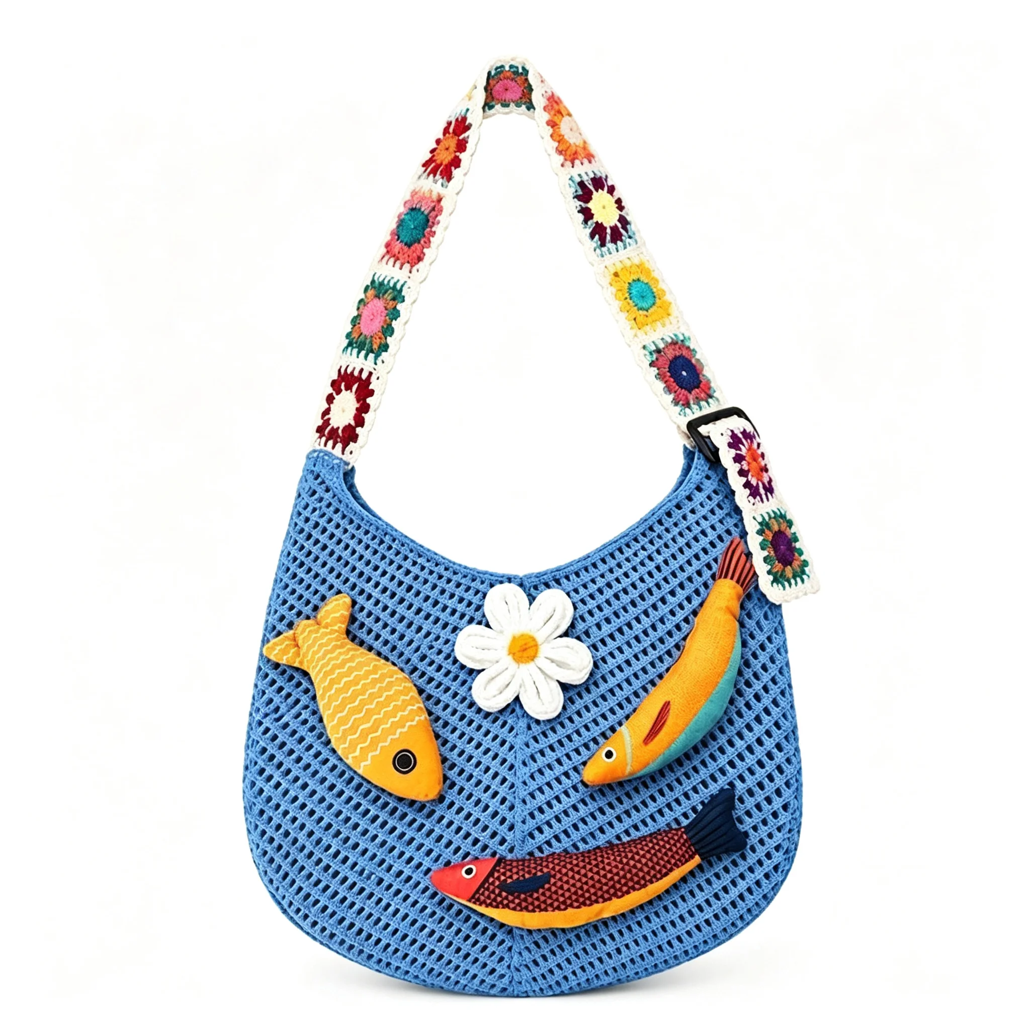 Beige Brown Pink Yellow Blue Green Crochet Mesh Tote Bag Boho Floral Granny Square Strap Hollow Woven Shoulder Hobo Purse Fish