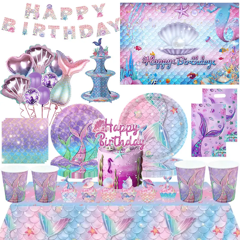 Meerjungfrau Geburtstagsdekoration Mädchen Party-Zubehör Tischgeschirr Teller Becher Servietten Ballons Set Banner Hintergrund Geschenktüte Kinder-Party-Artikel