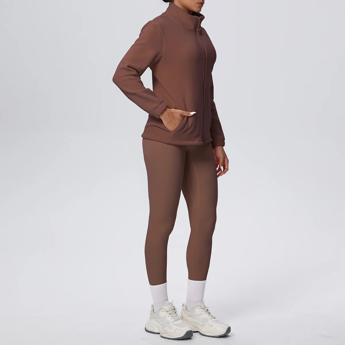 MIML 2026 Pure Color Fleece Lined Stand Collar Zipper Jacket Pants Set Yoga Sport Running Fitness Two-Piece Outfit