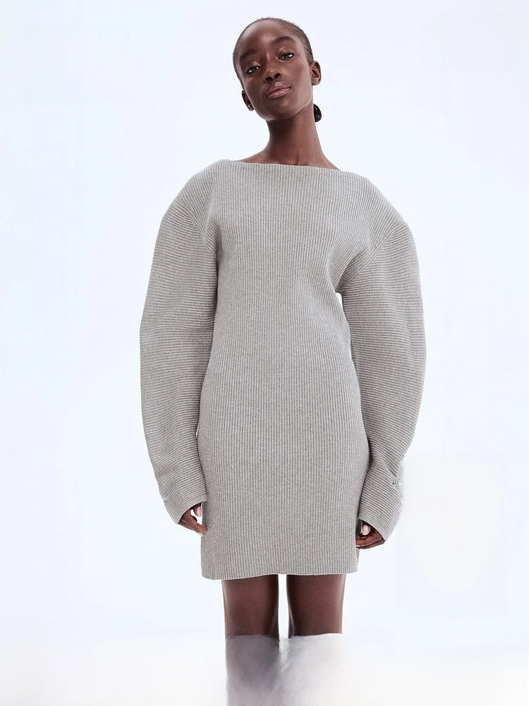 

H&M Women's Knitted Ribbed Dr Casual Sle Fairy Skirt Long Sve Stand Fit Polyester Viscose Street Sle Daily Wear