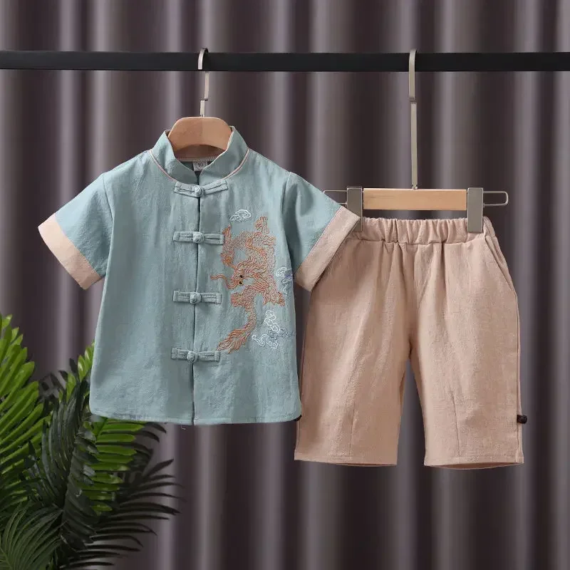 Verano estilo chino algodón Stand Collar grúa bordado manga corta Tang traje Top pantalón niños Tai Chi Kleding ropa