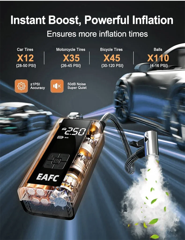 EAFC Kabelloser Auto-Reifenfüller, tragbarer Luftkompressor, 150PSI elektrische Auto-Reifenpumpe mit digitalem Druckmesser, automatische Abschaltung, LED-Taschenlampe, Luftpumpe für Auto, Motorrad, Fahrrad, Ball. – Detail 3