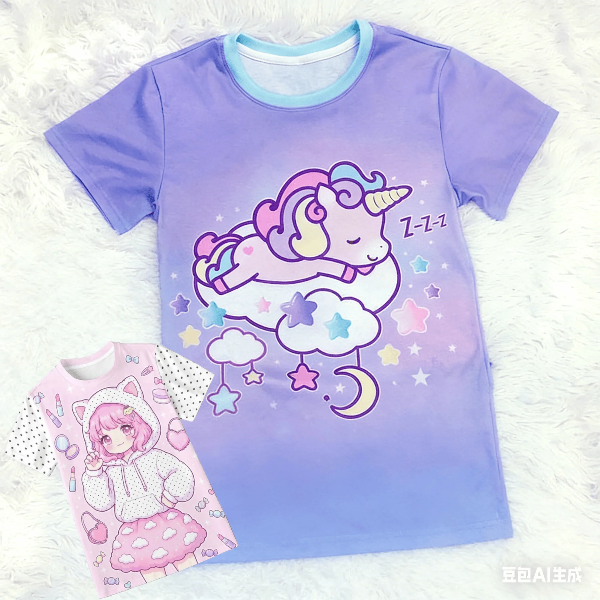 2026 Sommer Neuheit Süßes Mädchen-T-Shirt mit Sternenmuster, Kurzarm, Farbverlauf Lila, Cartoon-Top, 3D, Übergröße, Lockerer Streetwear-Stil