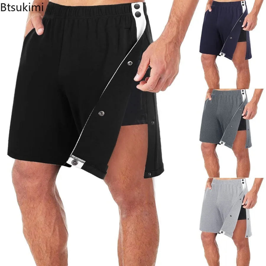 

New Men's Summer Casual Pockets Shorts Loose Side Buckle Split Straight Shorts Elastic Waist Men Sport Training Basketball Pants