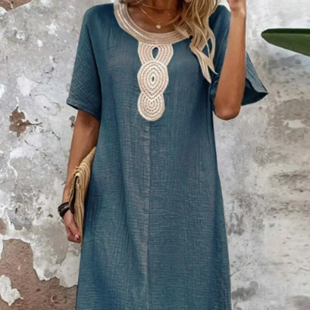 Long Loose Dress Women Dress Bohemian Retro Midi Dress with Split Hem O Neck for Women Vacation Style with Short Sleeves