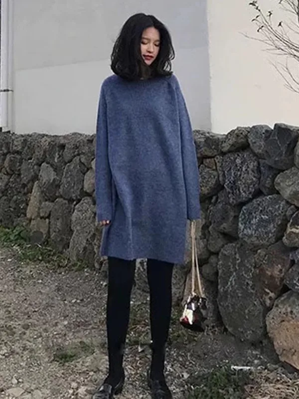 

Женский вязаный свитер больших размеров с высоким воротом, свободного кроя, осенне-зимний, универсальный, скрывающий живот, для полных женщин