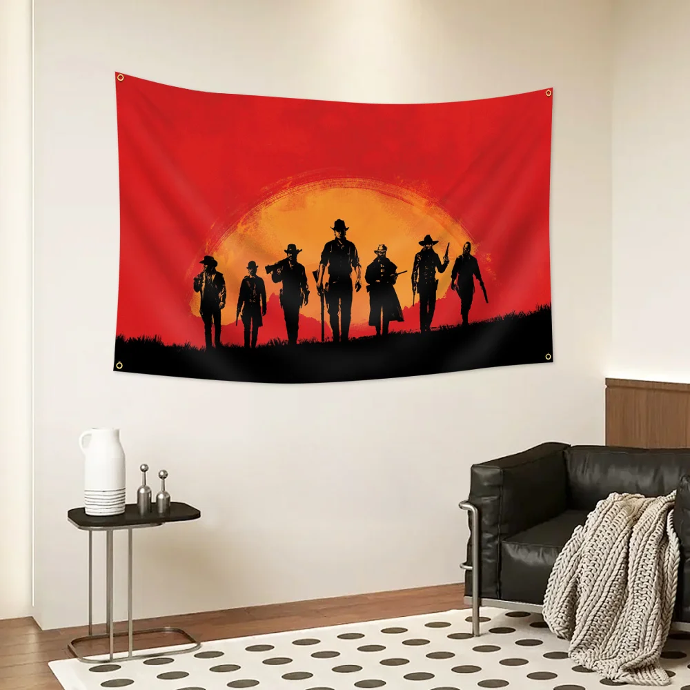 1pc Red Dead Redemption 2 Tapestry, RDR2 Cowboy Silhouette Wall Hanging, Cool Room Stuff, Large Size, Polyester 2D Print, Bedroo