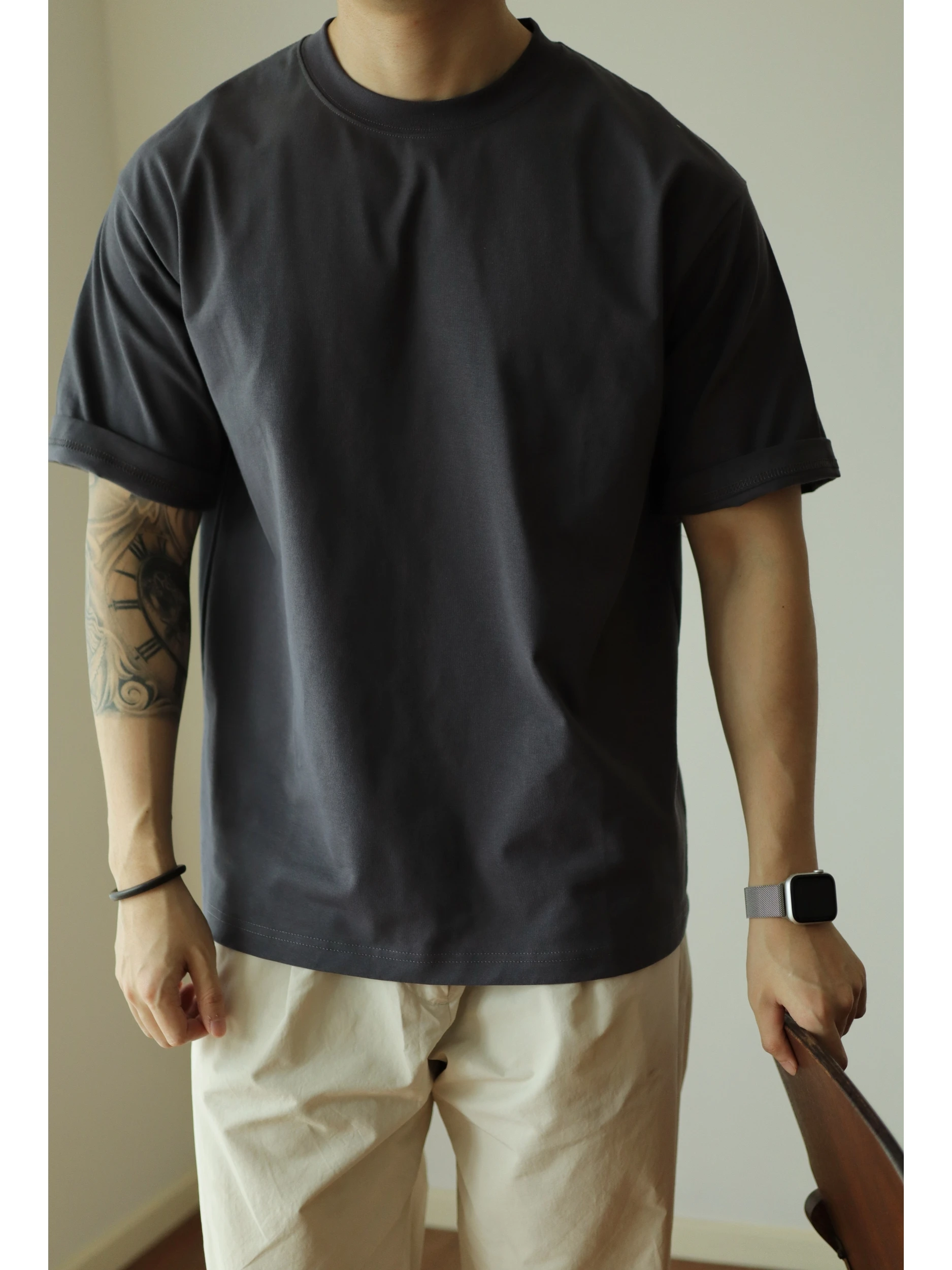 Men's long sleeved T-shirt autumn men's Xinjiang combed pure cotton heavy white loose base shirt short sleeved