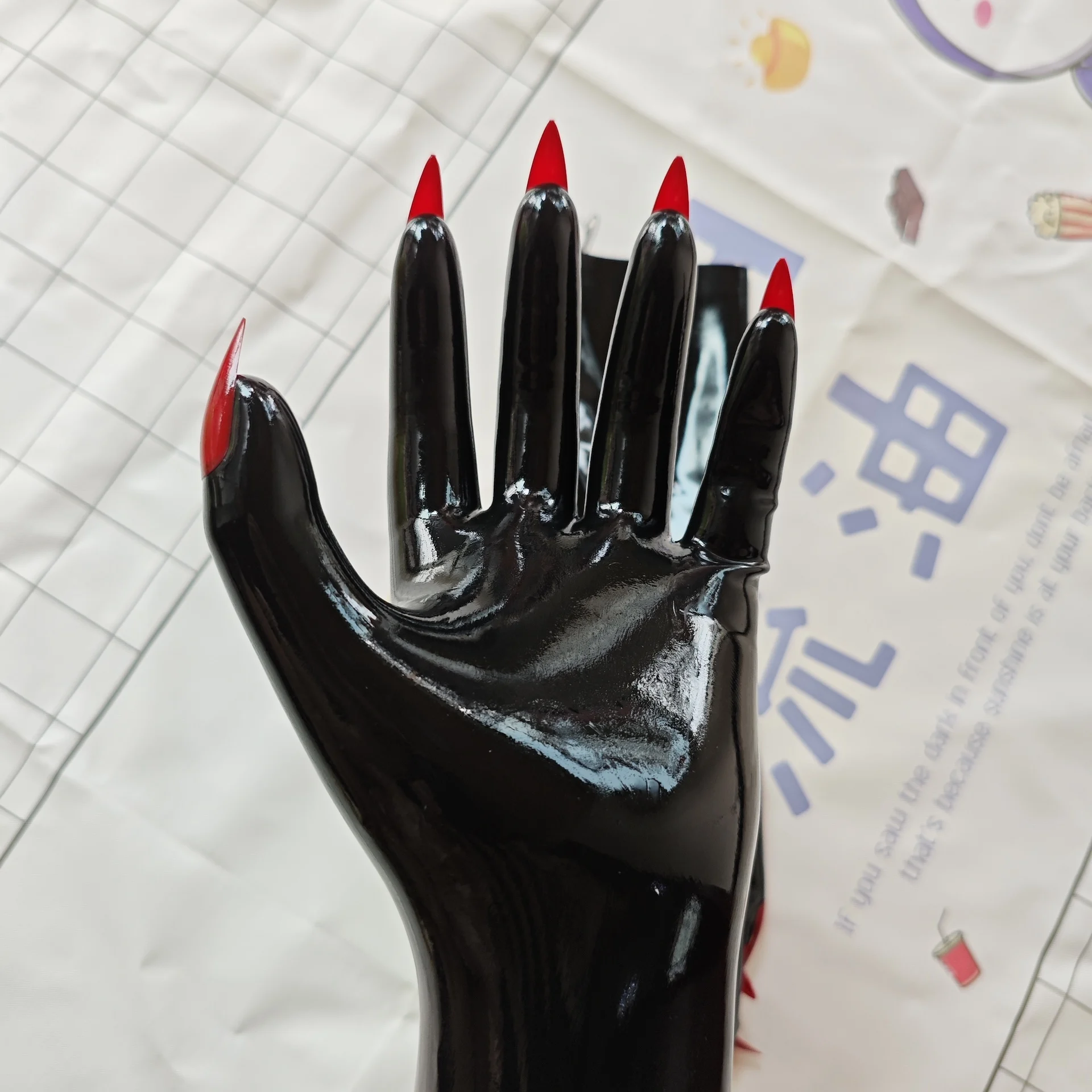 Crossdress Male To Female Oil Shiny black Super Thin Latex Zentai short Red Flat Nails Fetish Sheer Cosplay Kigurumi Gloves