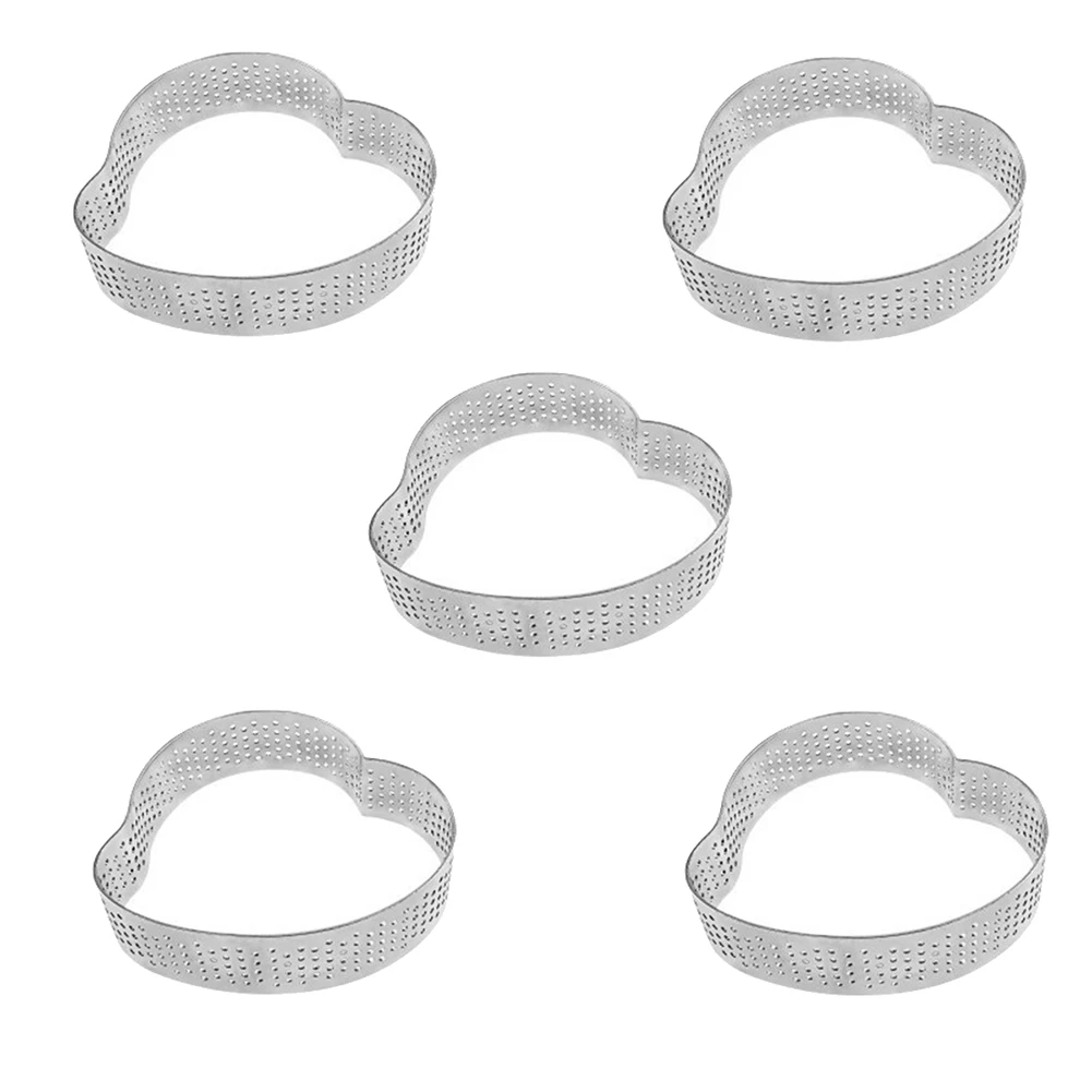 A013 5 Pack Heart Tart Ring,Perforated Baking Ring,Pastry Ring,Stainless Steel Cake Tart Mold Rings,Baking Tart Ring