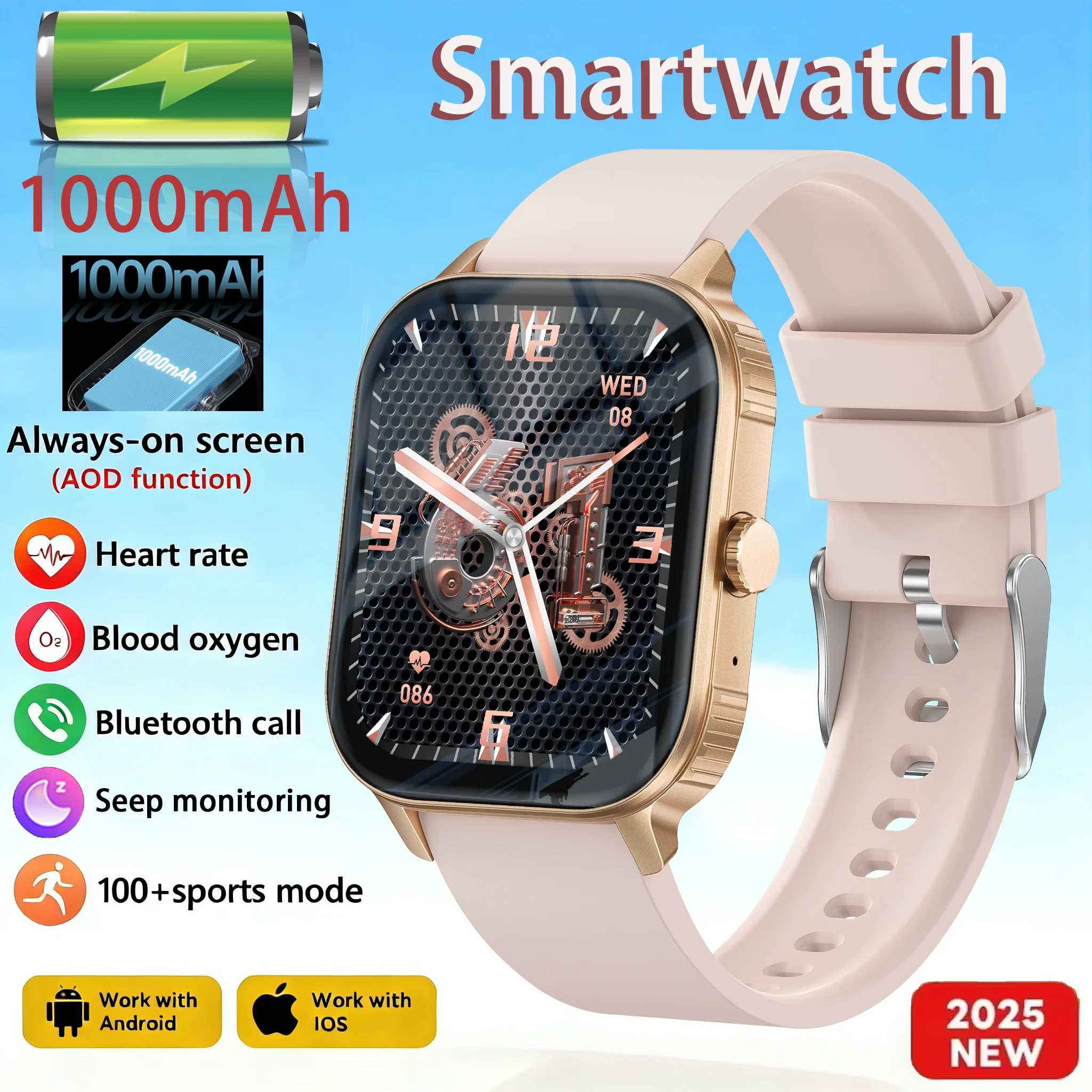 

2.04inch Sports SmartWatch 1000MAH Health Monitor Waterproof Smartwatch WirelessCall Watches for Men Women for Android iOS